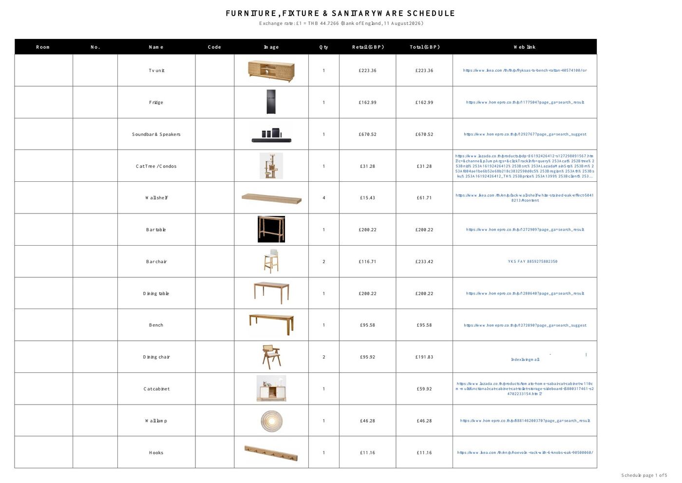 Schedule page 1 with furniture images and GBP prices