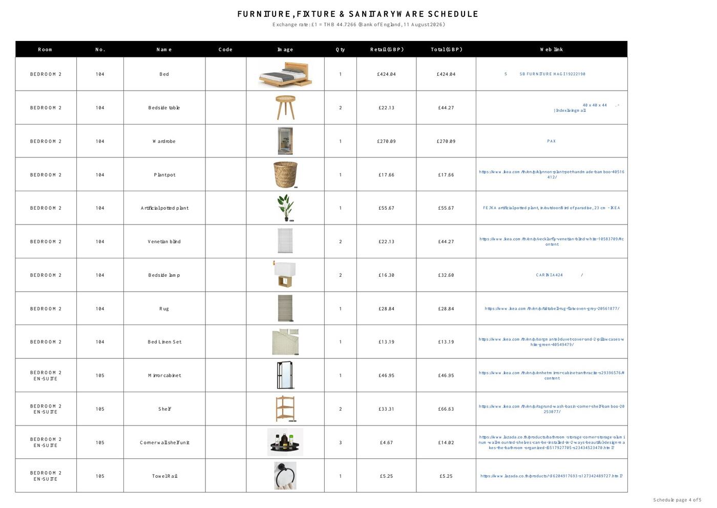 Schedule page 4 with furniture images and GBP prices