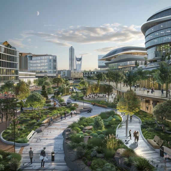 Futuristic Cardiff surrounded by greenery and walking paths