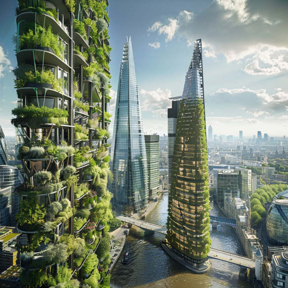 A futuristic image of London surrounded by greenery