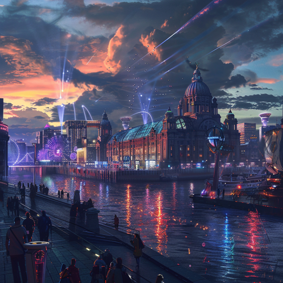 Futuristic Liverpool showing the river and beaming lights