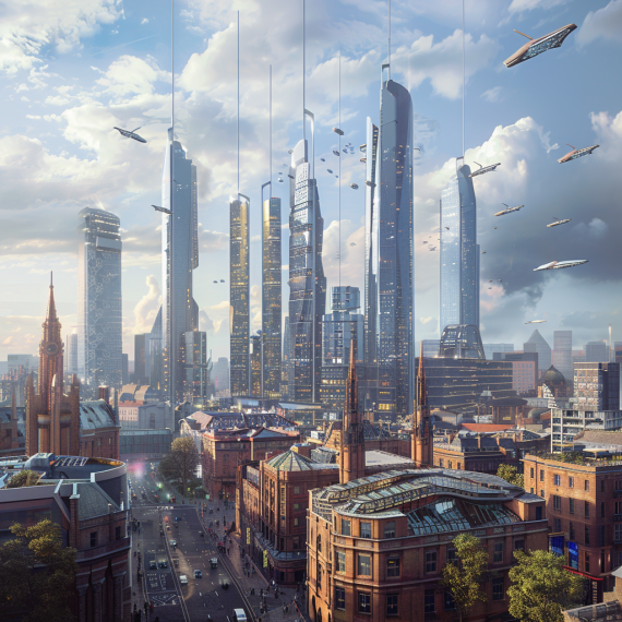 Futuristic Manchester with high skylines and ships covering above