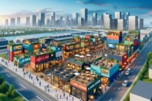 Shipping containers showing homes, bars and restaurants