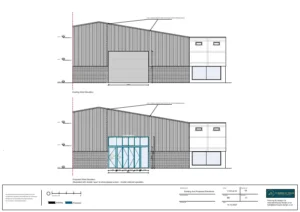 Architect Drawings and Planning Permission for Replacement of Shutter Door to Glazed Screen and Doors