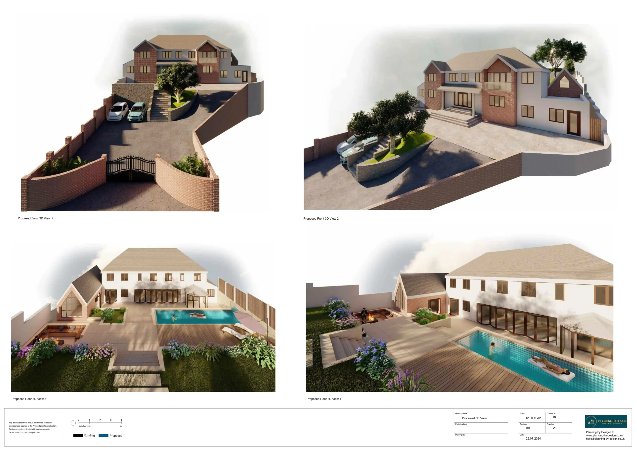Rendered views of a house, its entrance and rear terrace with swimming pool