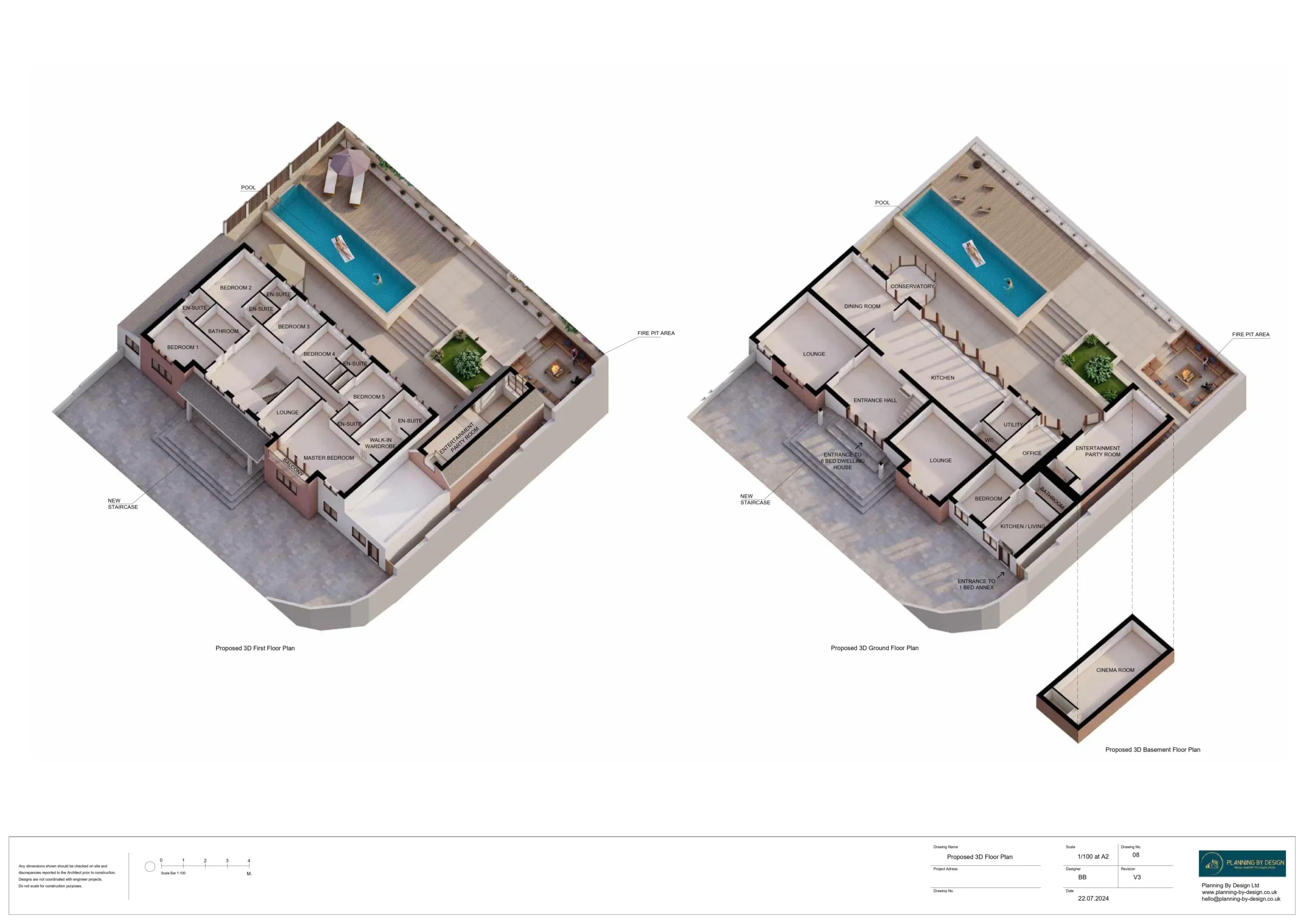Three-dimensional floor plans showing rooms, circulation and a pool terrace