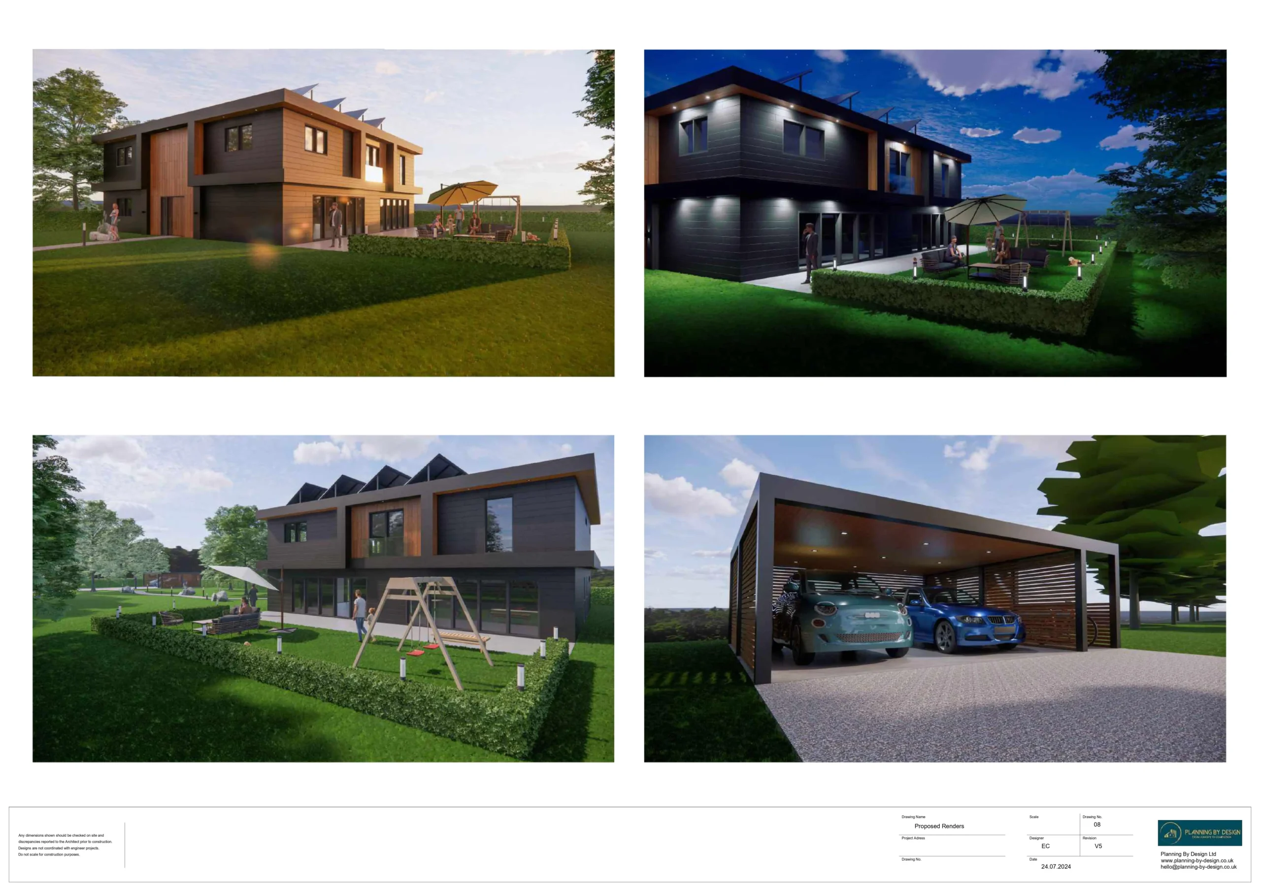 Daytime and evening renders of a contemporary house and carport