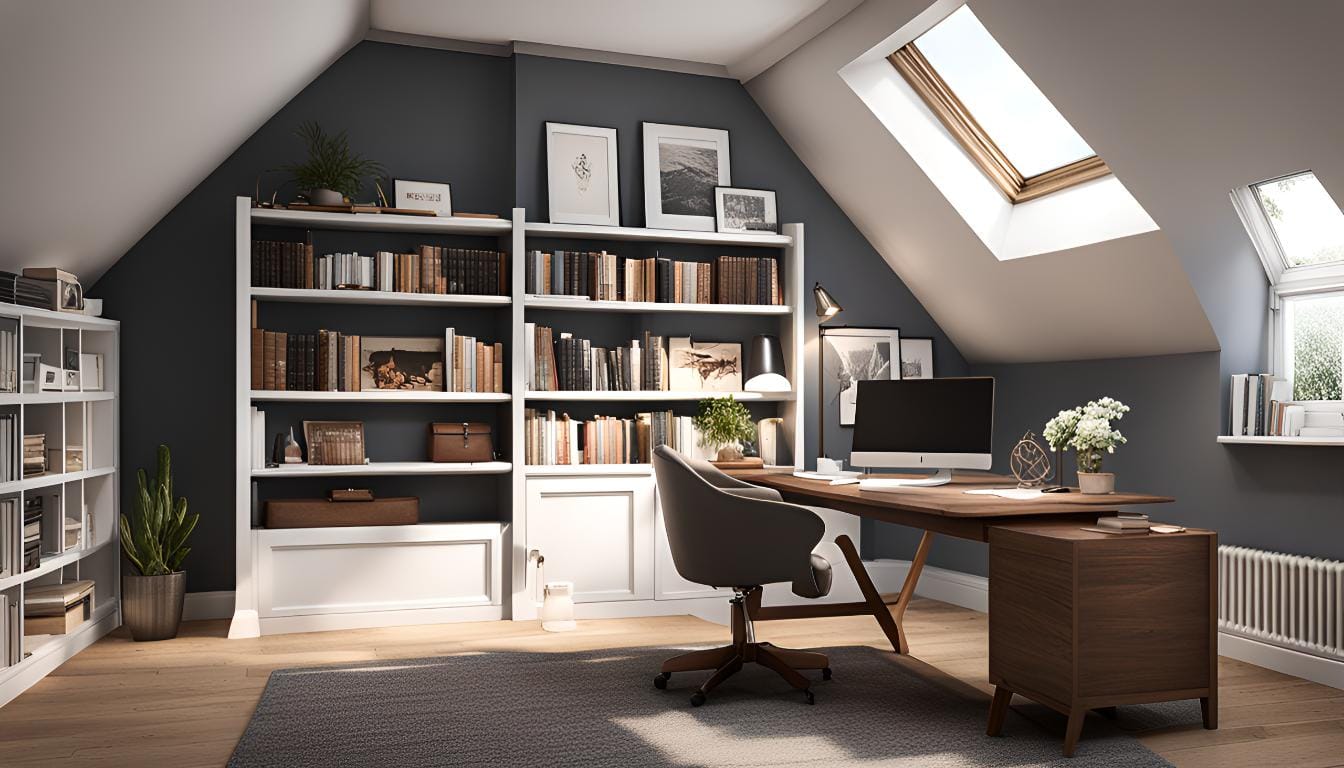 Converted loft office with bookshelves and furniture