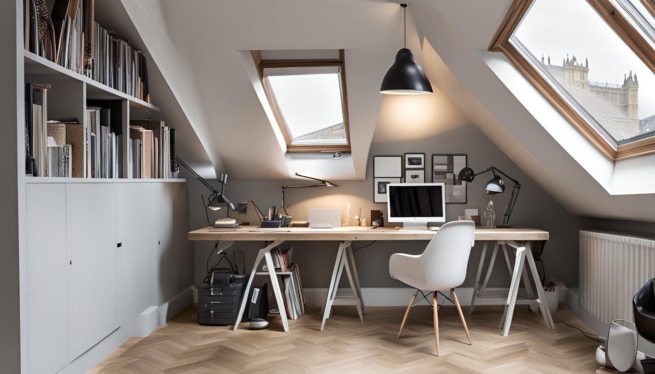Converted loft office showing storage space