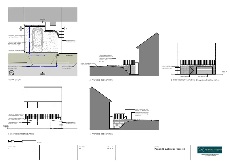 Architect Drawings and Planning Permission for Front Ground-Level Raise to Facilitate Driveway and Under-Platform Storage Construction
