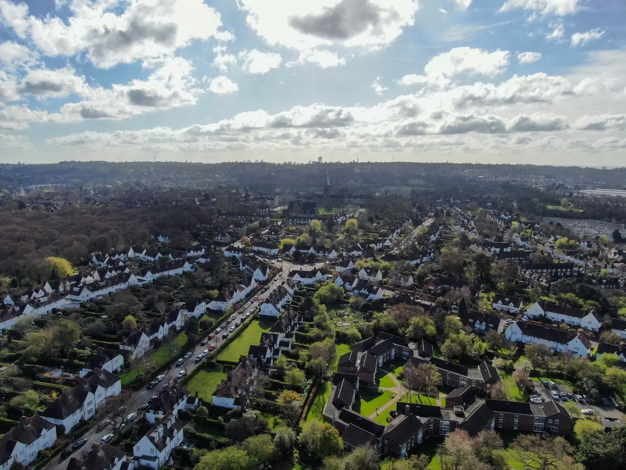 Aerial view of homes and residential gardens in Hampstead Garden Suburb, London
