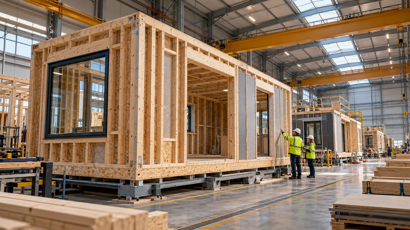 Timber-frame housing modules being assembled in a factory