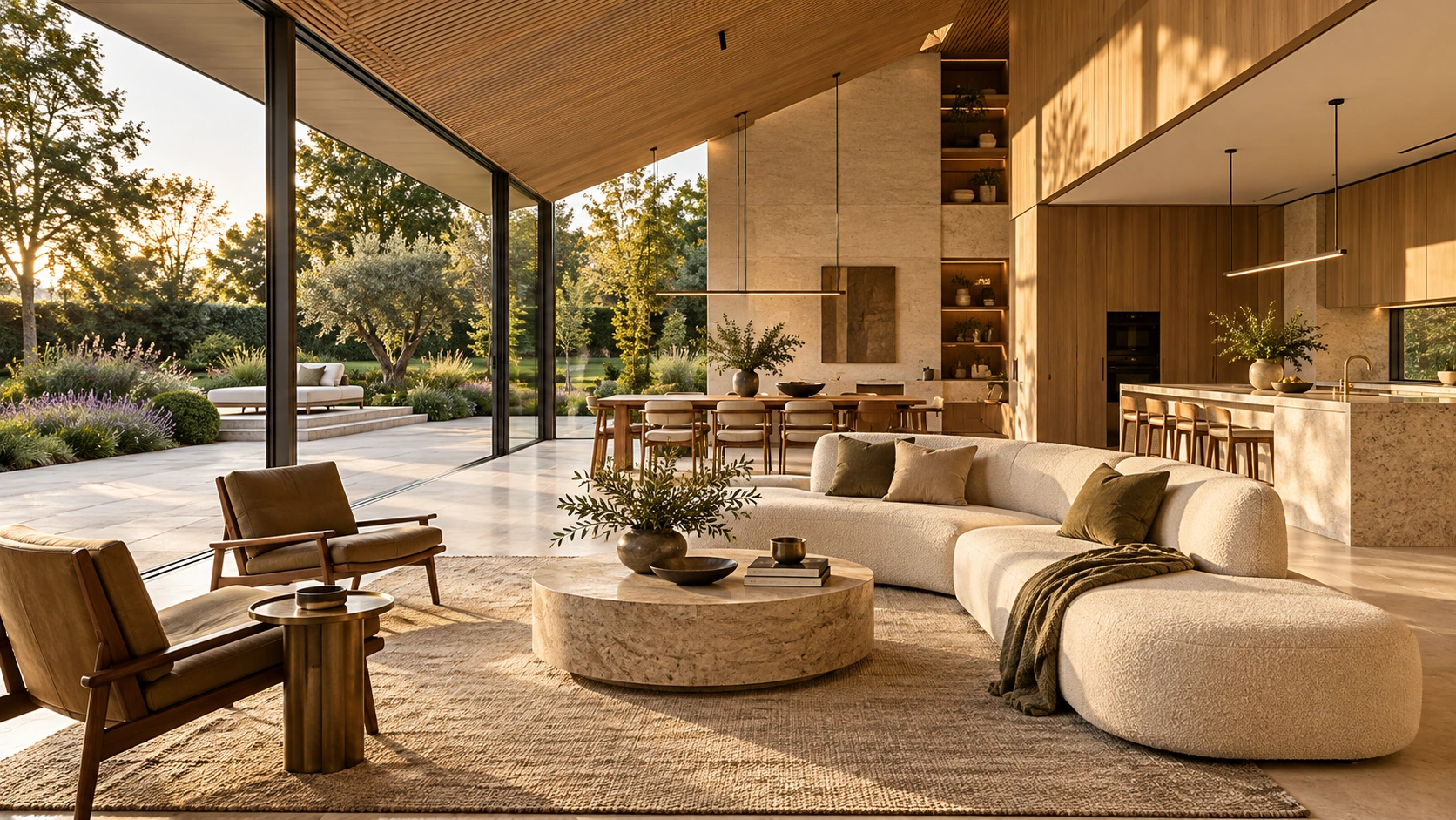 Concept visualisation of a contemporary extension interior with oak ceiling and full-height garden glazing
