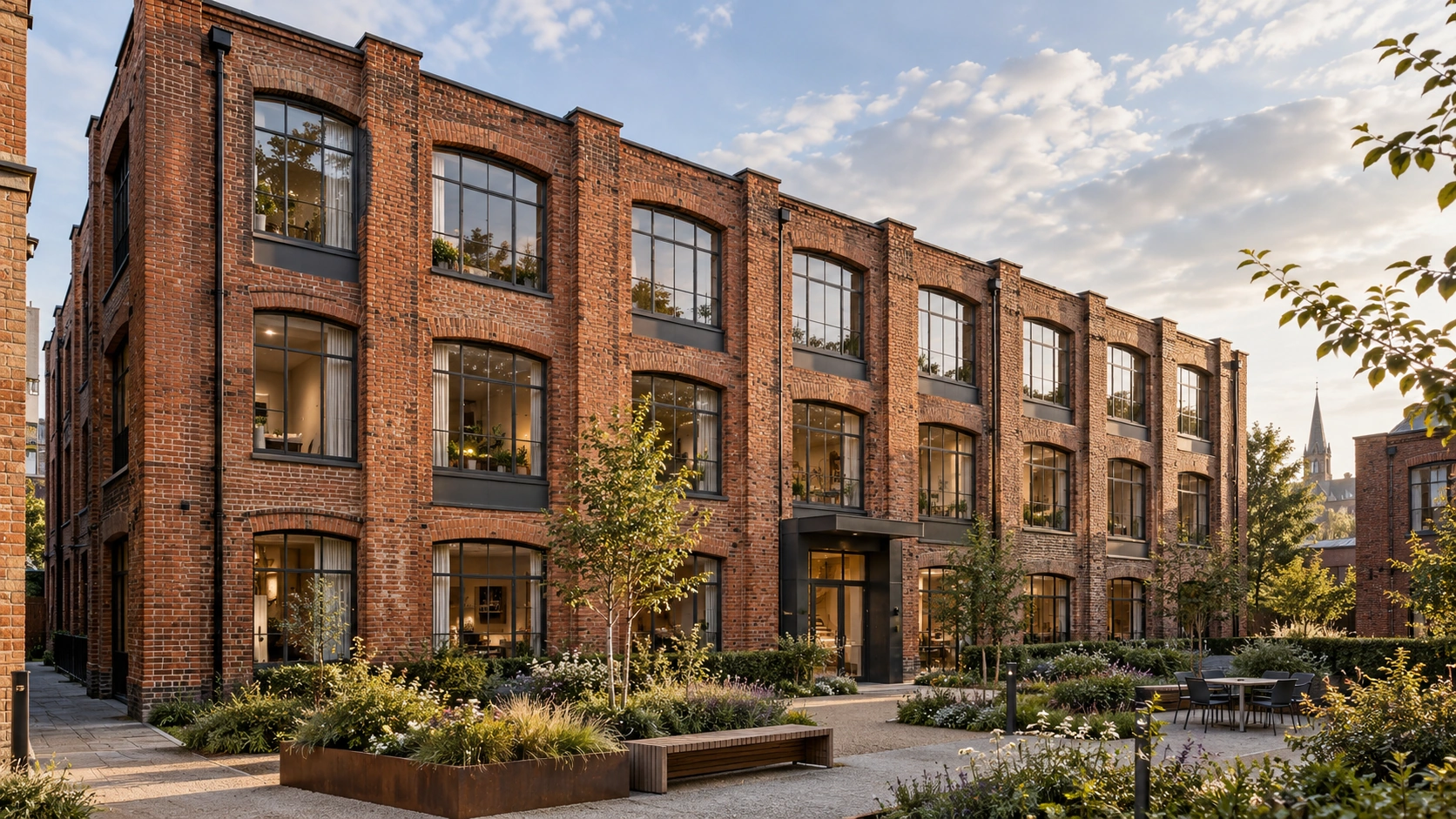 Former brick warehouse converted into apartments with a landscaped courtyard